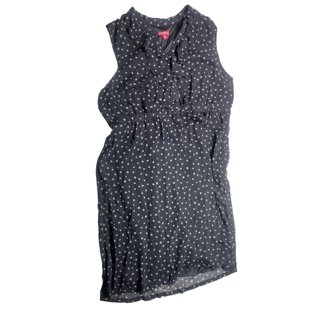 Merona Womens XL Polka Dot Dress Gray Ruffle Neck Tie Waist Sleeveless